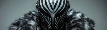 Futuristic warrior in chrome helmet and zebra fur coat, studio portrait, centered shot, minimalist gray backdropの素材