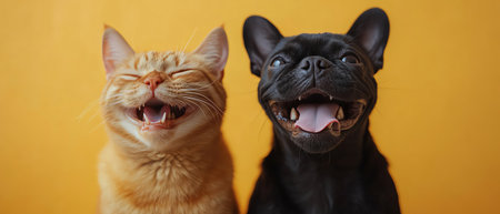 Ginger cat and black dog laughing together, yellow backdrop, tight crop, studio lighting, joyful animal friendshipの素材