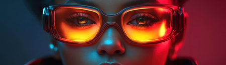 Futuristic cyberpunk woman in neon gear and glowing face implants, closeup, bold rim lighting, scifi vibeの素材