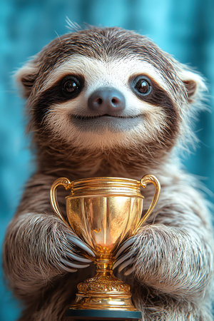 Happy sloth holding a gold trophy, raising arm in victory, humorous and uplifting animal portraitの素材