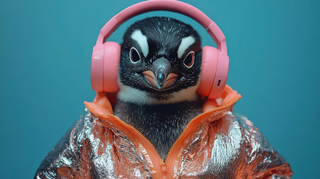 Penguin in metallic jacket wearing pink headphones against blue background studio lightingの素材