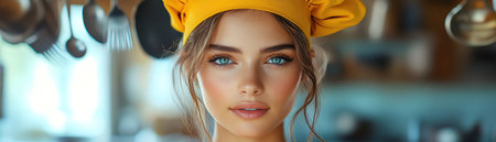 Model in yellow chef hat, hanging utensils background, playful surreal fashion shoot, bright lighting, low angle shotの素材