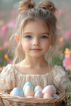 Little girl with basket of Easter eggs, floral background, soft focus spring vibe, dreamy color tonesの素材