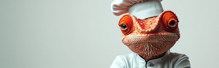 Red chameleon dressed as a chef with folded arms and a stern face, white backgroundの素材