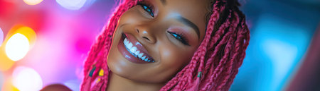Smiling woman with vibrant pink braided hair playful style bright energy cozy home backgroundの素材