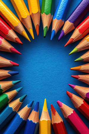 Colorful pencils forming a circle on gradient blue background, closeup macro focus, creative studio lightの素材