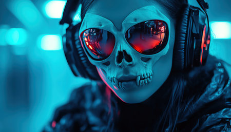 Futuristic woman in skull headphones and bone sunglasses, gothic tech styleの素材
