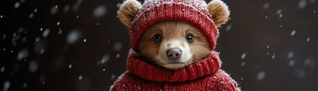 Adorable bear cub in red knit outfit and hat posing frontfacing soft neutral background cozy lightの素材