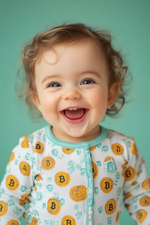 Baby in Bitcoin print suit smiling wide, mint green background, centered closeup, soft front lightingの素材