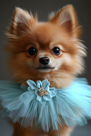 Adorable Pomeranian in a blue tutu, against a matching backgroundの素材