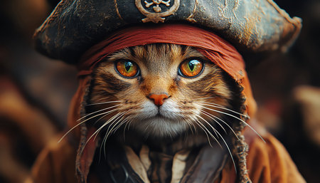 Cat dressed as pirate with red backdrop, sharp focus, character portrait style, soft shadowingの素材