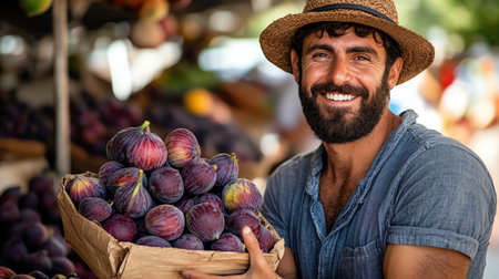 Bearded man holding fresh figs at market, natural light, vibrant fruit tones, smiling expression, warm moodの素材