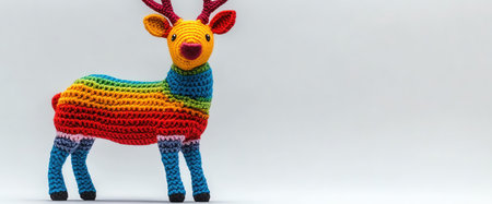 Colorful crocheted deer with rainbow yarn, standing on white background, front view, softbox lightingの素材