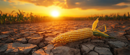 A single ear of corn lying in a dry, cracked cornfield under a setting sunの素材