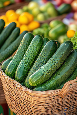 Crisp cucumbers in foreground basket, lively street market scene, colorful produce, natural light bokehの素材