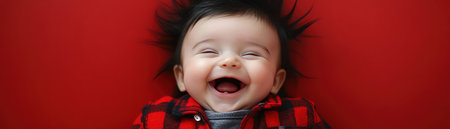 Laughing baby with spiky black punk hairstyle and red plaid jacket, bold red backdrop, closeupの素材