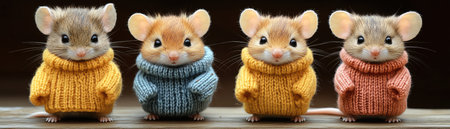 Knitted mouse family dressed in vibrant sweaters, posed on wooden table, warm ambient lighting, straighton shot, cozy handmade sceneの素材