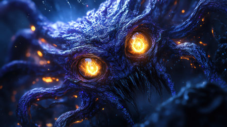 Fantastical alien creature with huge glowing eyes and luminous tendrils in a deepsealike realmの素材