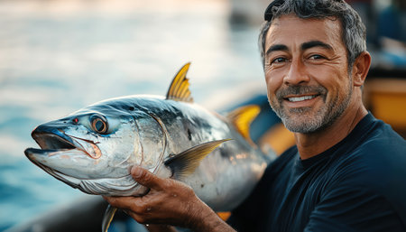 Fisherman proudly holding large fish on boat, sharp focus with oceanic backdropの素材