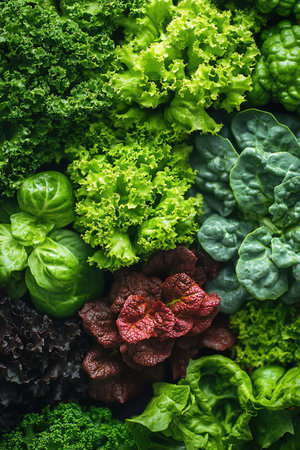 Fresh mix of leafy greens and vegetables arranged tightly with soft natural lightingの素材