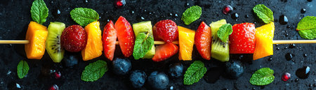 Fresh fruit skewers with mint leaves on a dark, sparkling surfaceの素材