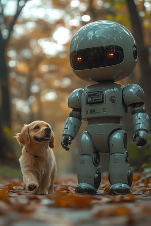 Friendly retrostyle robot walking a golden retriever in a sunny park futuristic yet charming scene shallow depth of fieldの素材