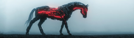 Futuristic robotic horse in the mist, glowing with red circuits, mysterious and powerfulの素材