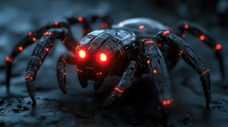 Futuristic robotic spider with red glowing eyes standing on dark surface spotlightの素材