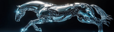 Futuristic silver robotic horse midstride, reflecting cool lights in a studio settingの素材