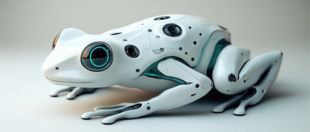 Futuristic robotic frog with soft white body and teal accents, crouched in neutral spaceの素材