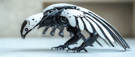 Futuristic robotic eagle with black wings and white feathers extended, poised to strikeの素材