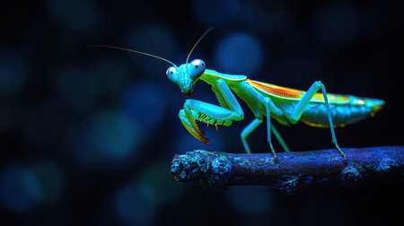 Green praying mantis perched on a branch, posing against a soft dark backgroundの素材