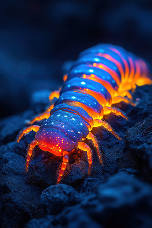 Glowing bioluminescent centipede on rock macro shot sharp detail high contrast moody backgroundの素材