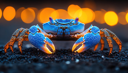 Glowing blue crab with luminescent shell on black sand evening beach bokeh lights background low shotの素材