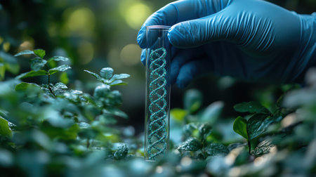 Hand in gloves holding test tube with DNA helix and green leaves in a lab environmentの素材