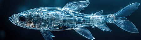 Hightech mechanical fish with translucent fins and chrome body swimming in blueの素材
