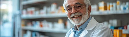Happy elderly pharmacist in white coat smiling in pharmacy with medicine shelvesの素材