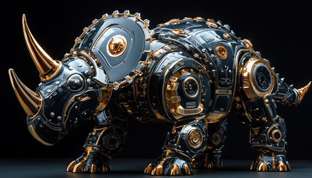 Goldenhorned robotic triceratops with intricate black and chrome detailingの素材