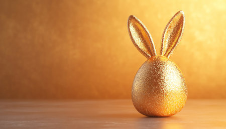 Golden egg with bunny ears minimal background whimsical concept product style studio lightingの素材