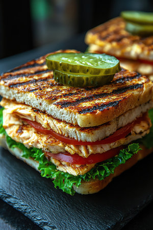 Grilled turkey sandwiches with lettuce and tomato on black slate plate pickle garnish food closeup overhead shot soft shadowsの素材