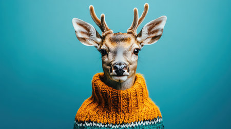 Deer in a vibrant sweater, standing confidently against a solid blue backdropの素材
