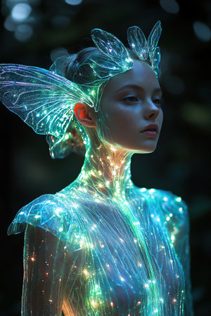 Bioorganic fashion with living textures, topdown view, ambient glow, alien design aestheticの素材