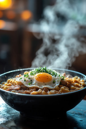 Bowl of ramen with egg and pork, side view, steam rising, dark moody lighting, street food feelの素材