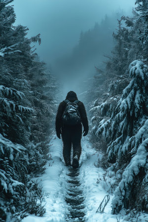 Bigfoot crossing snowy trail, low angle, foggy mountain backdrop, cold ambient lightの素材