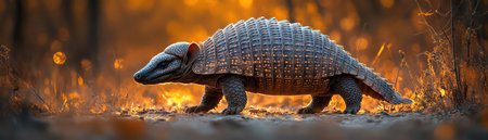 Armadillo walking on path, side view, soft shadows, dry brush background, textured armorの素材