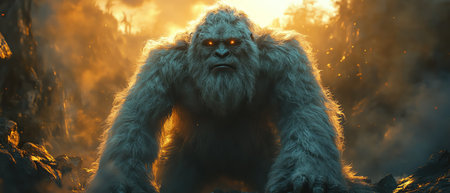 Bigfoot standing in cave entrance, front view, soft shadows, glowing backgroundの素材