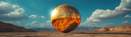 Giant golden disc standing in desert landscape under dramatic skies surreal minimalist vibeの素材