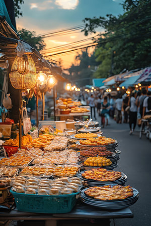 Morning market with vendors selling Thai desserts, wide shot, golden hour lighting, candid street viewの素材