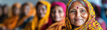 Smiling women in village meeting room vibrant clothing natural light candid atmosphere warm tonesの素材