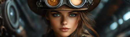 Steampunk woman in gearadorned hat and goggles, confident gaze and metallic flairの素材